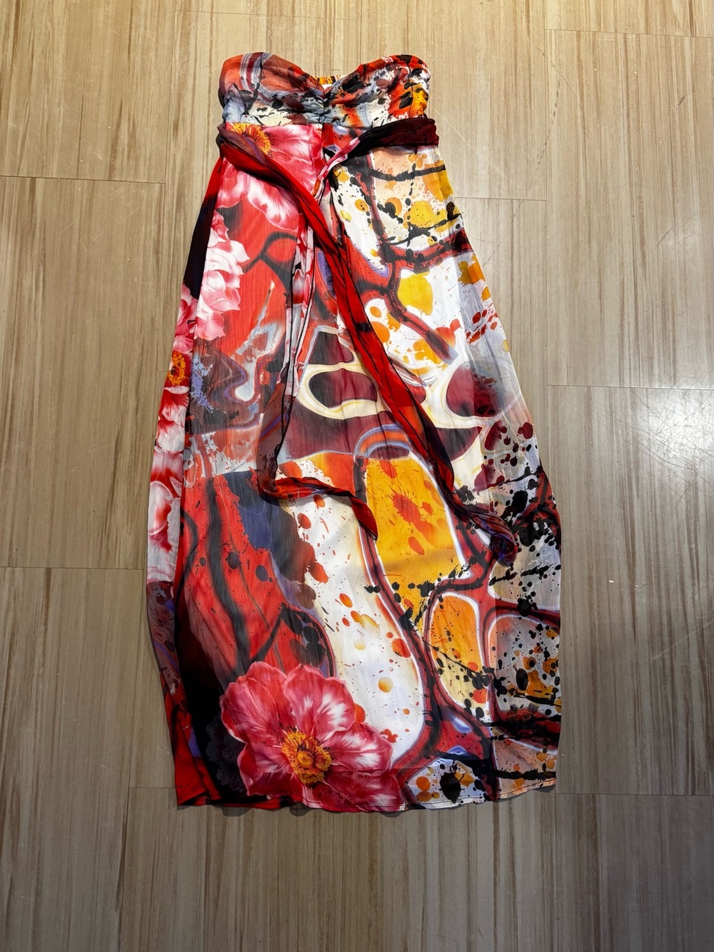 Xhilaration Orange, Red & Yellow Smocked Strapless Dress
